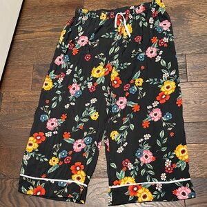 Floral Women's Cropped Pajama Pants - Black with Multicolor Flowers